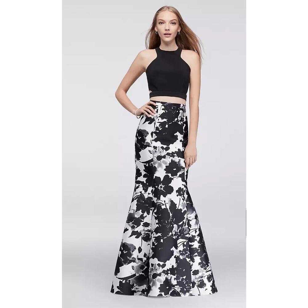Blondie Nites Floral Black Homecoming Cage-Back Faux 2-Piece Cut Out Dress Sz 11